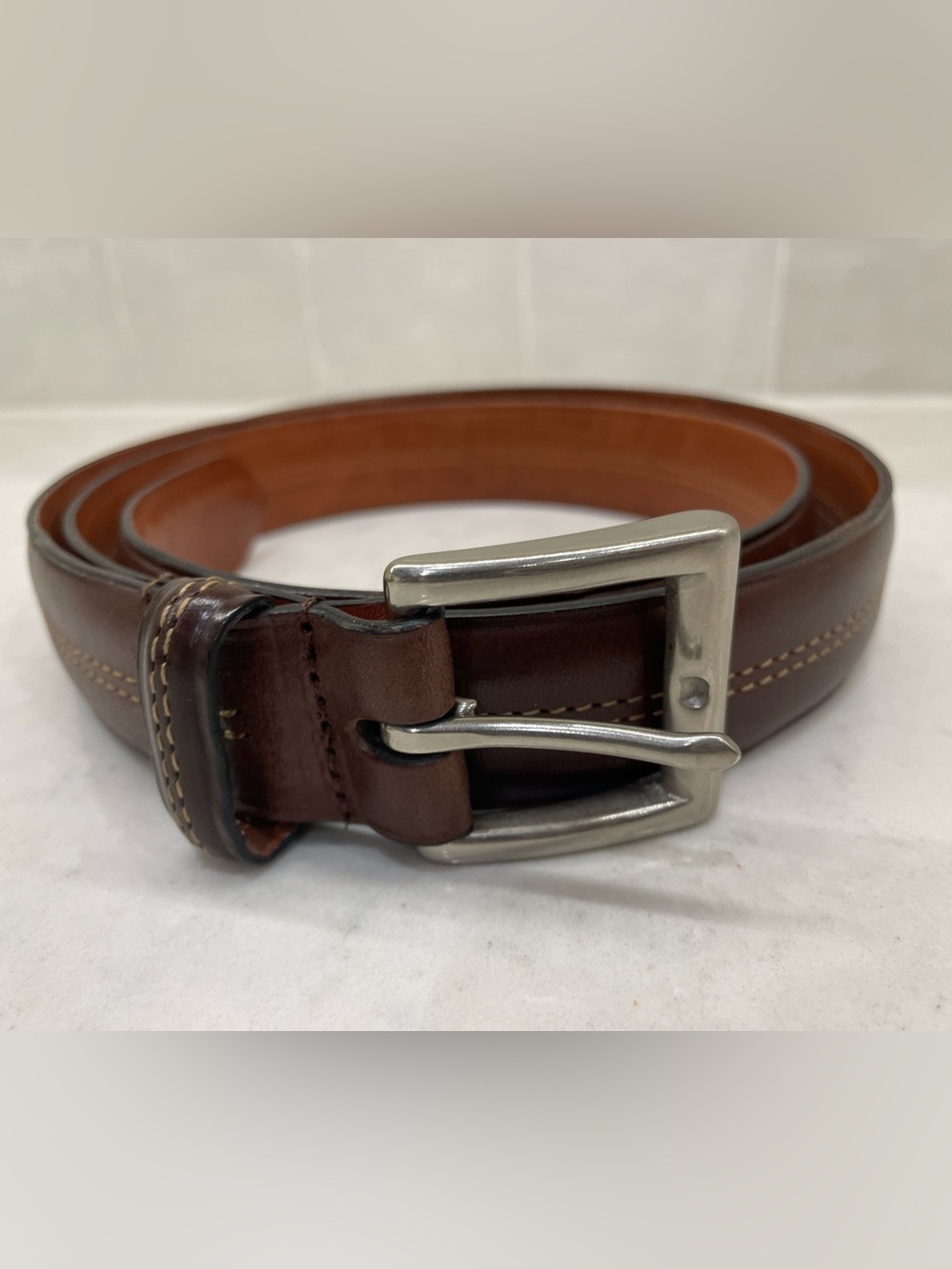 Men's Brown Leather Belt with Stitching and Silver Buckle